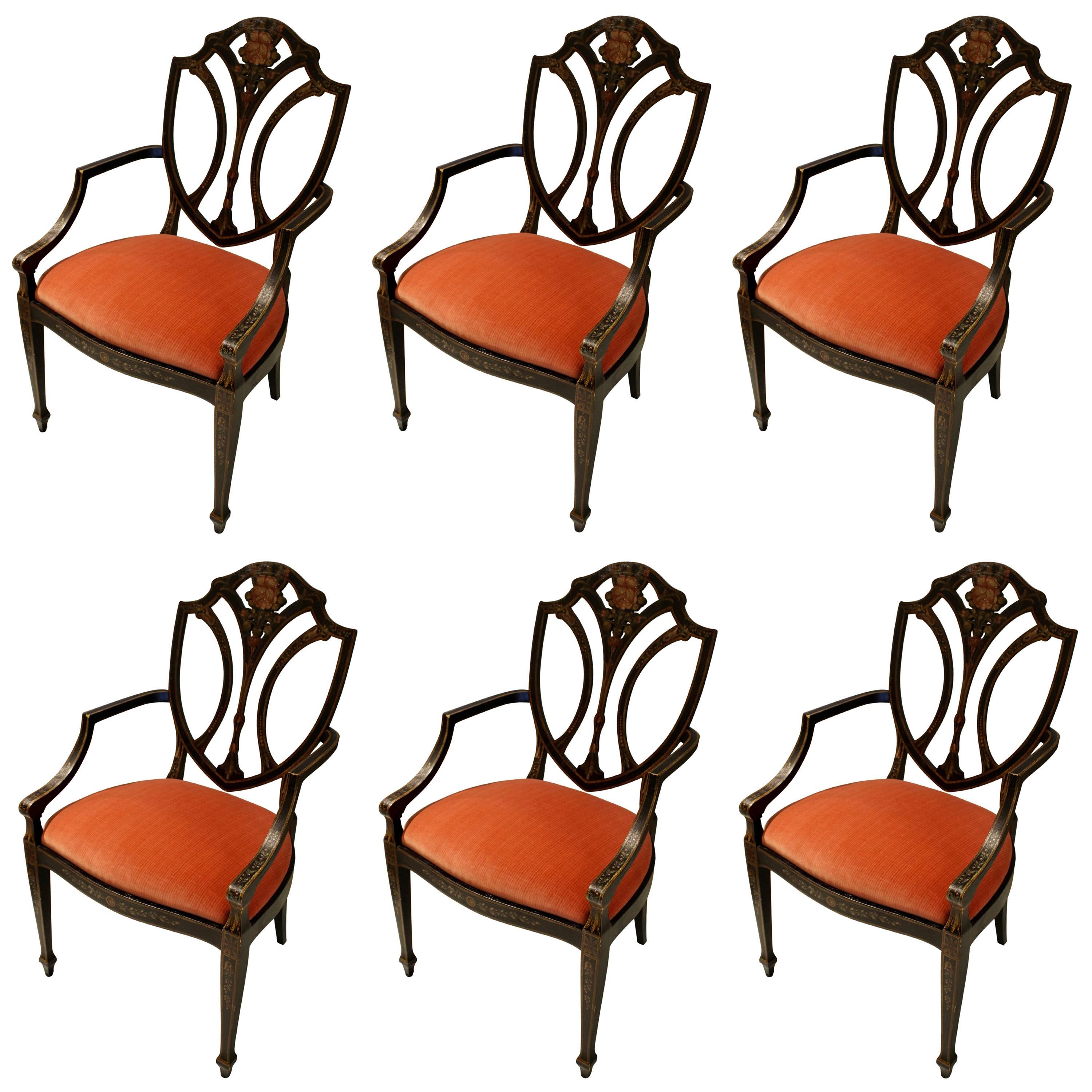 Set of Six Modern English Shield-Back Chairs with Flower Motif