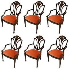 Set of Six Modern English Shield-Back Chairs with Flower Motif