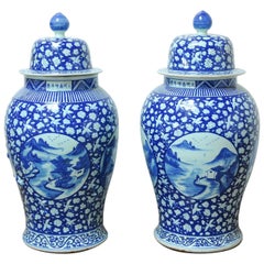Vintage Monumental Pair of Chinese Blue and White Temple Ginger Jar Vases