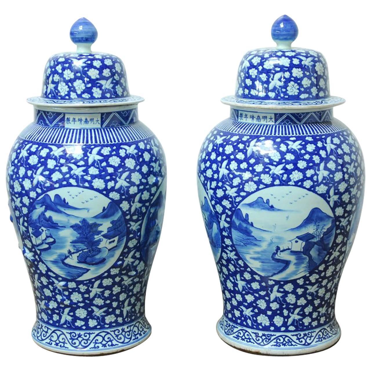 Monumental Pair of Chinese Blue and White Temple Ginger Jar Vases For