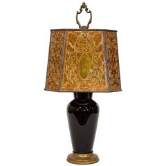 Black Glass Base Art Deco Table Lamp, Mica Shade 11