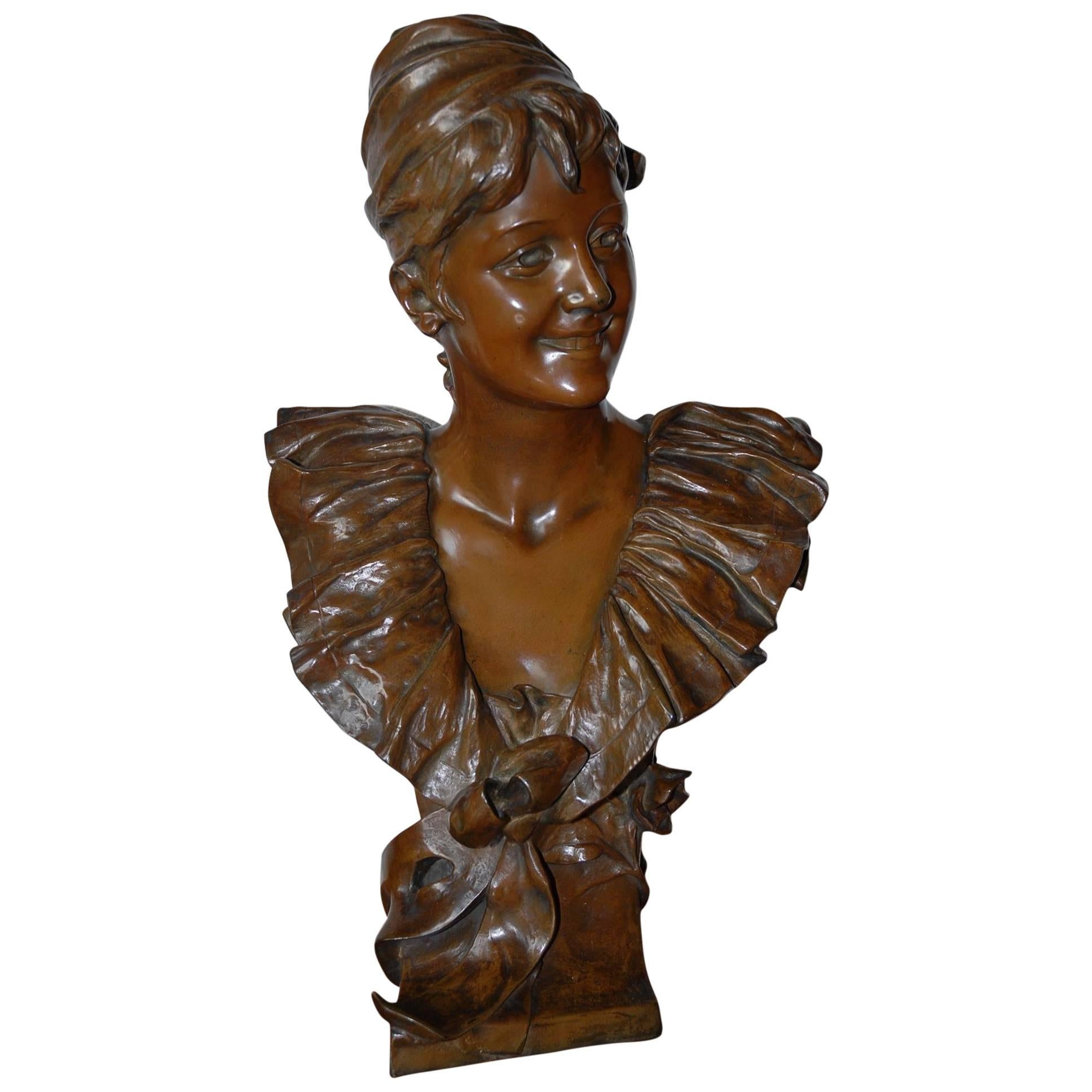 Large Art Nouveau Bronze Lady Bust Sculpture by Georges Van der Straeten, Paris For Sale