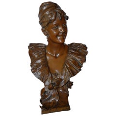 Large Art Nouveau Bronze Lady Bust Sculpture by Georges Van der Straeten, Paris