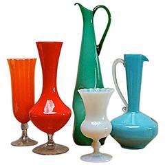 Collection of Five Opaline and Murano Glass Vases, Italy, circa 1950s