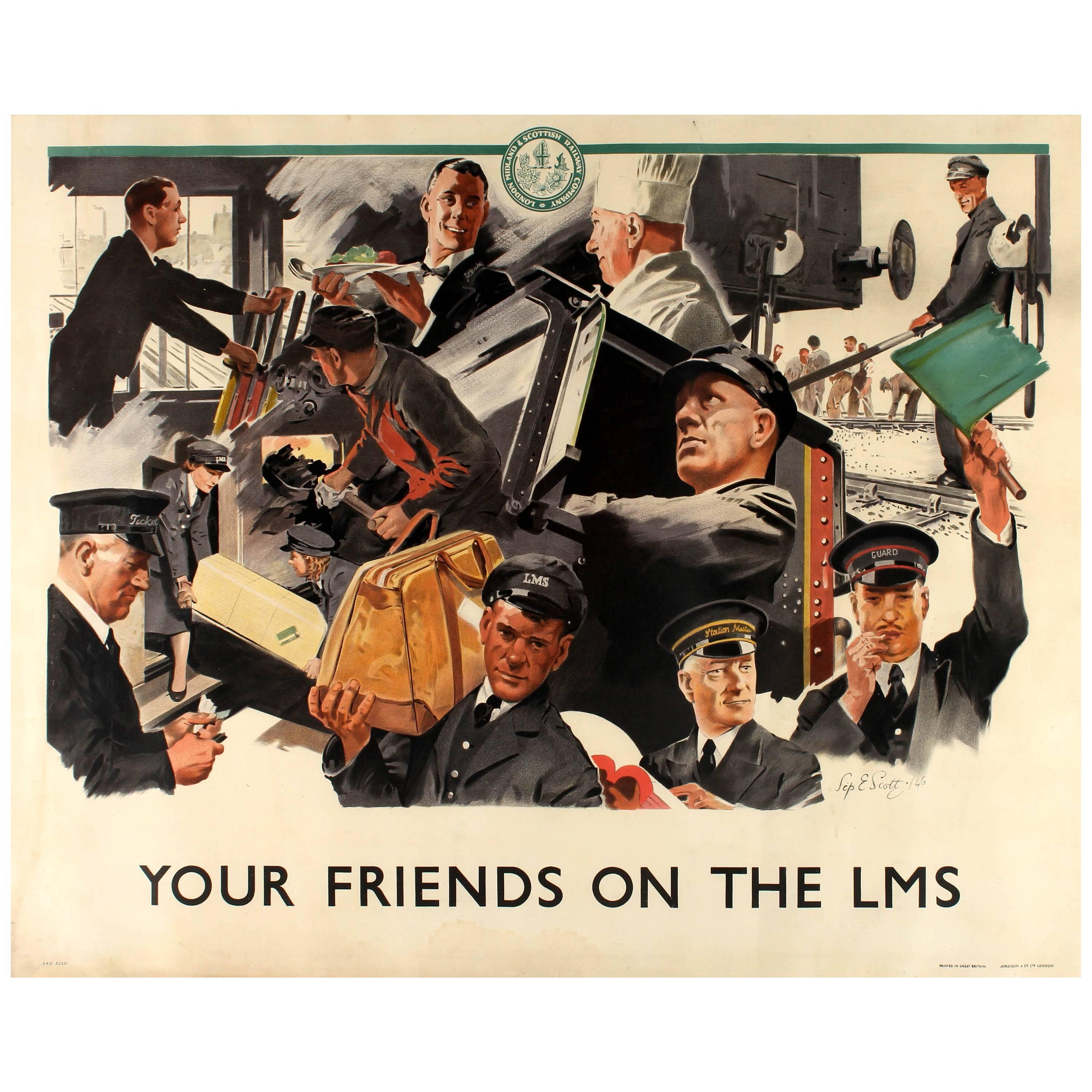 Affiche originale du London Midland and Scottish Railway intitulée « Your Friends On The LMS »