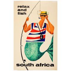 Original Retro Travel Advertising Poster, Relax and Fish South Africa