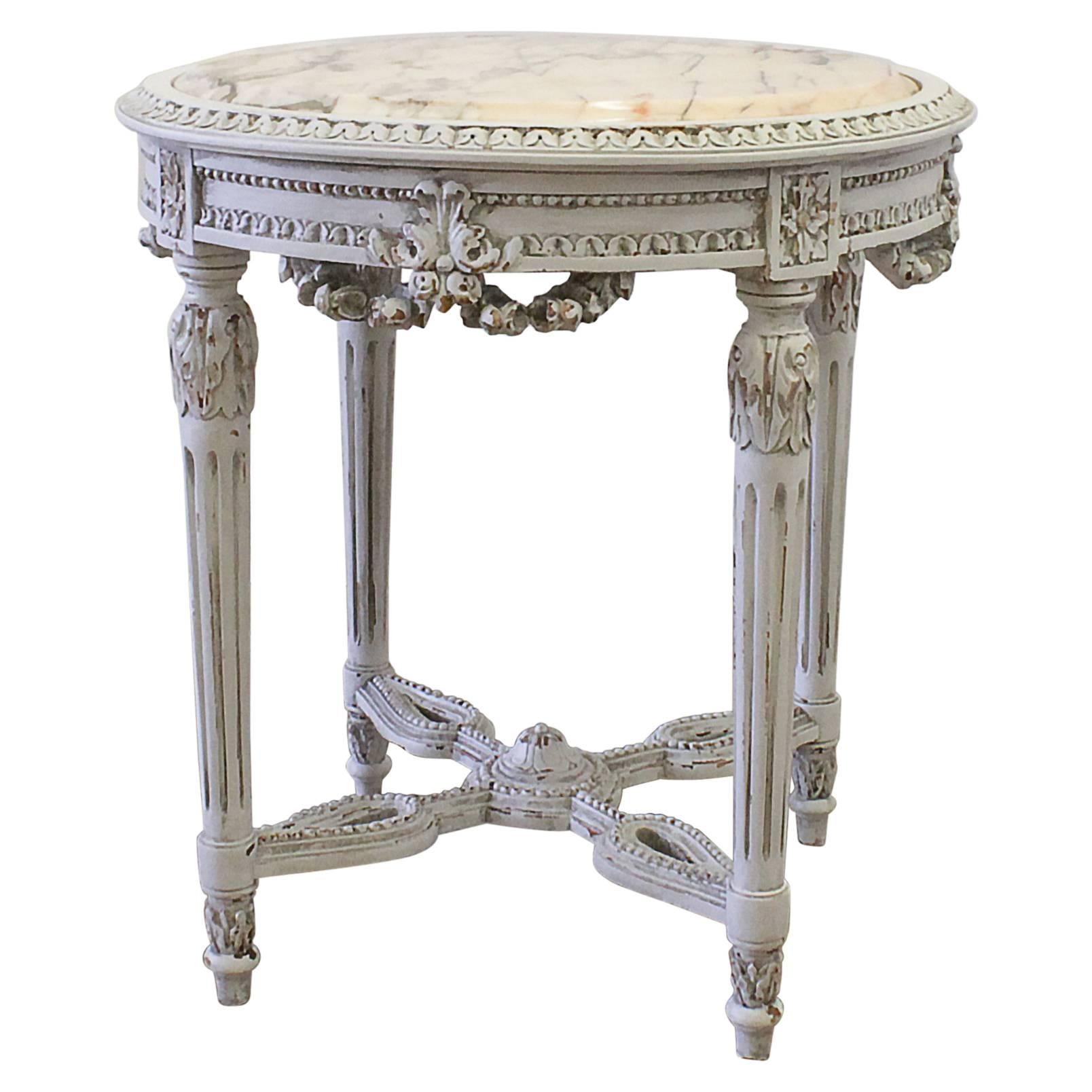 Antique French Louis XVI Style Painted Tea Side Table with Marble