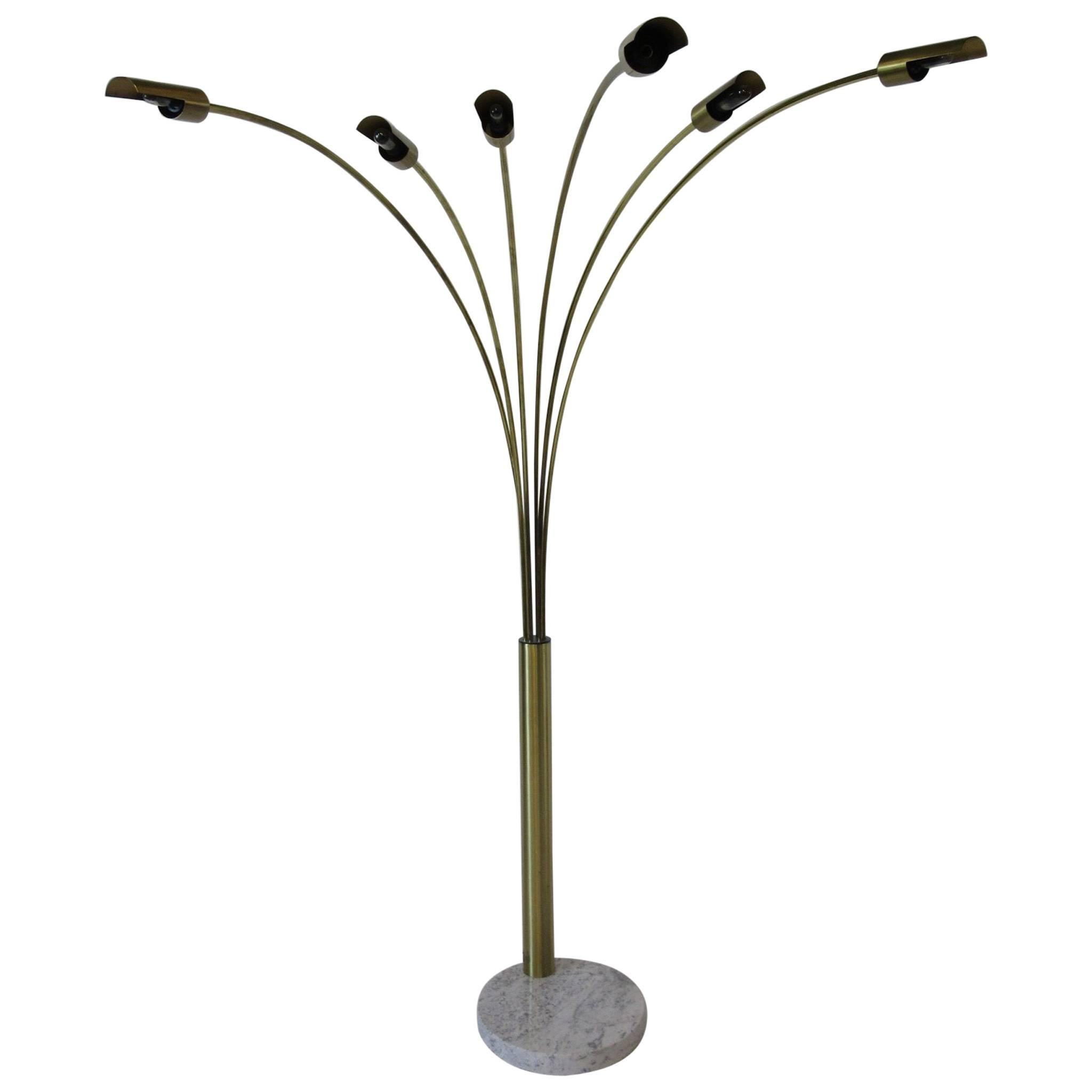 Italian Brushed Brass and Marble Arc Floor Lamp in the Style of Angelo Lelli