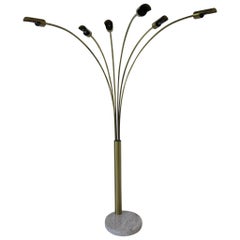 Vintage Italian Brushed Brass and Marble Arc Floor Lamp in the Style of Angelo Lelli