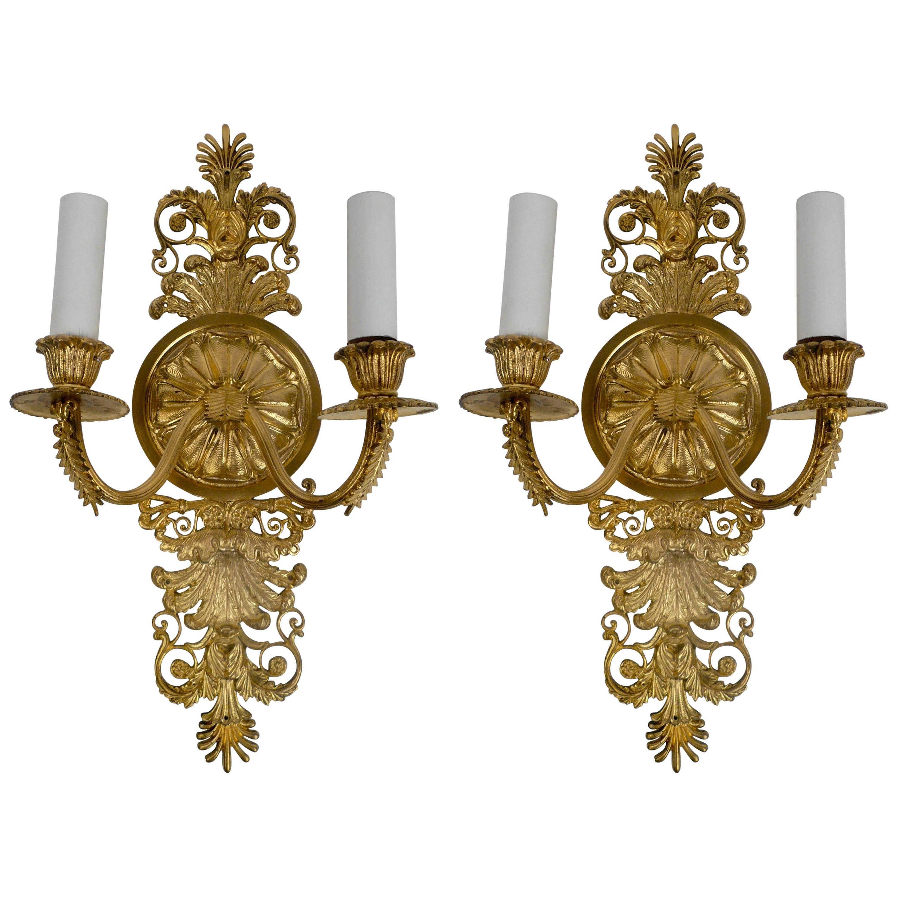 Pair of French Empire Style Gilt Bronze Two-Light Sconces