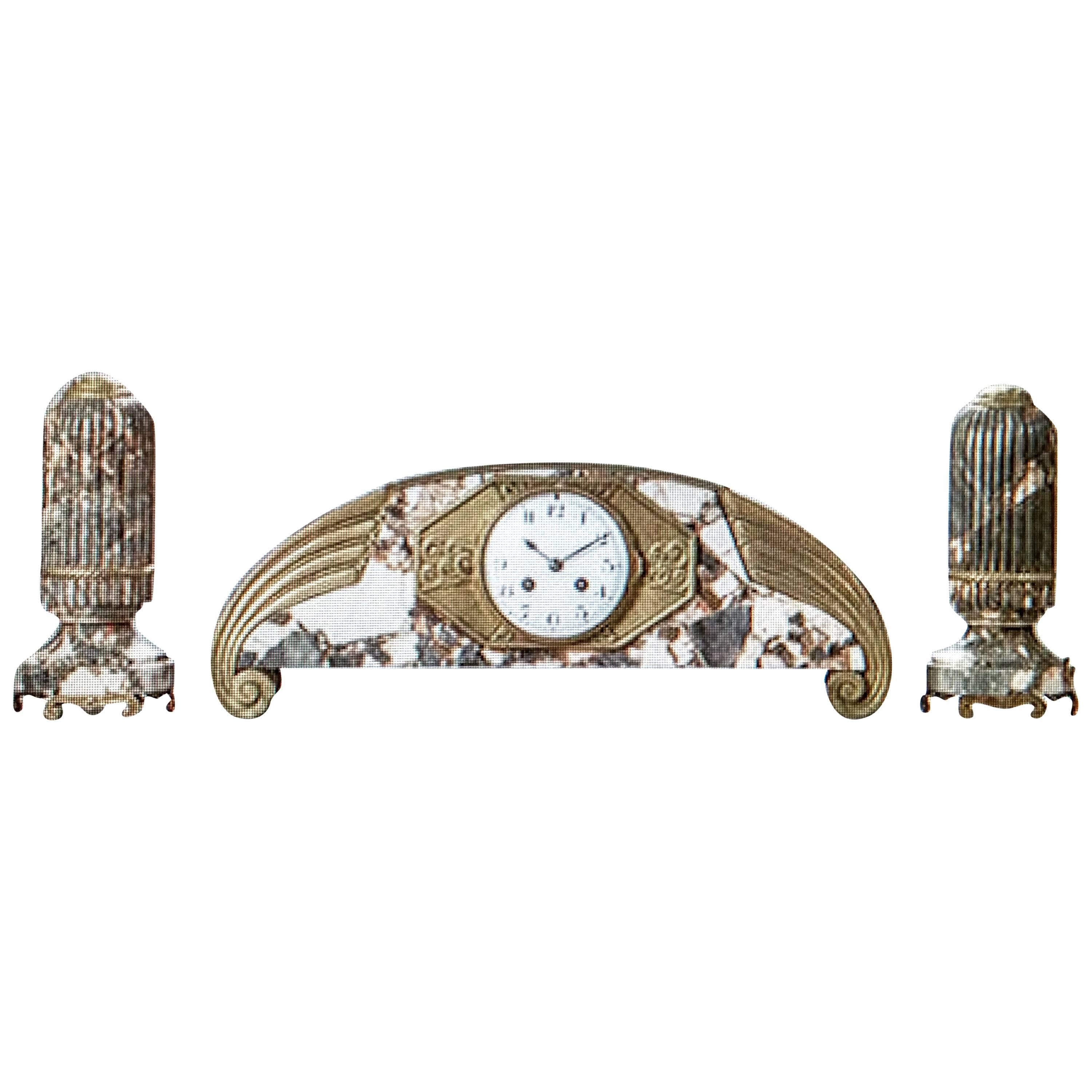 French Art Deco Marble with Bronze Details Clock Set For Sale