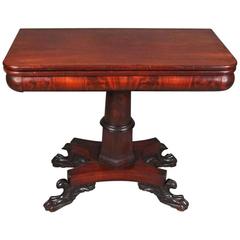 Antique Flame Mahogany American Empire Classical Game Table with Paw Feet, circa 1840
