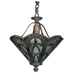 Arts & Crafts Hanging Hall Light, Bronze with Green Slag Glass, circa 1920