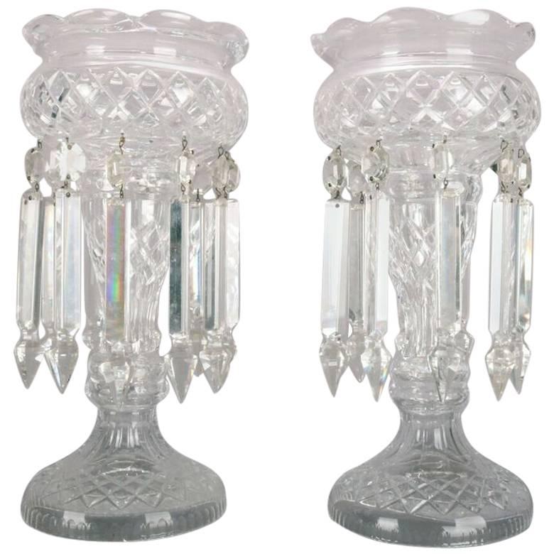 Pair Victorian Cut Crystal Mantle Lustres, Late 19th Century