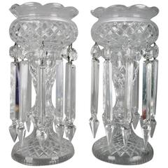 Pair of Tall Cut Crystal Mantle Lustres with Prisms, Late 19th Century