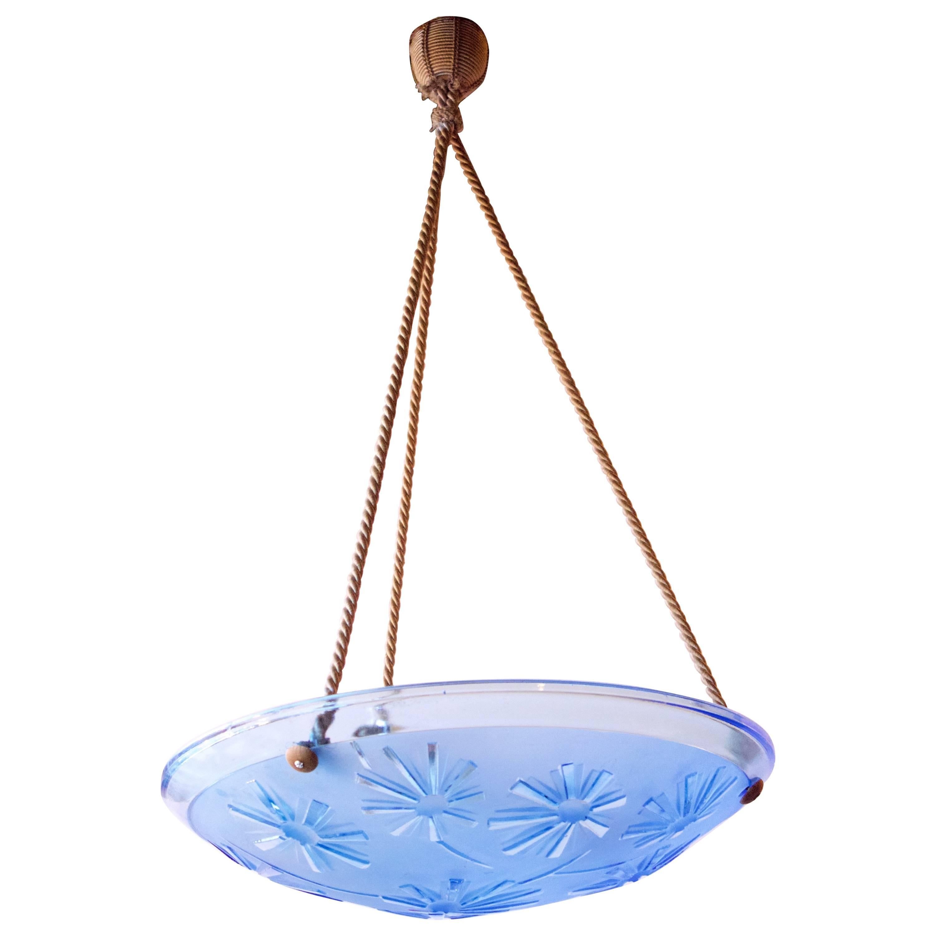 French Art Deco Blue Glass Pendant Fixture For Sale