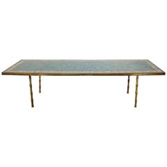 Inlaid Tile and Brass Cocktail or Coffee Table with Brass Bamboo Legs