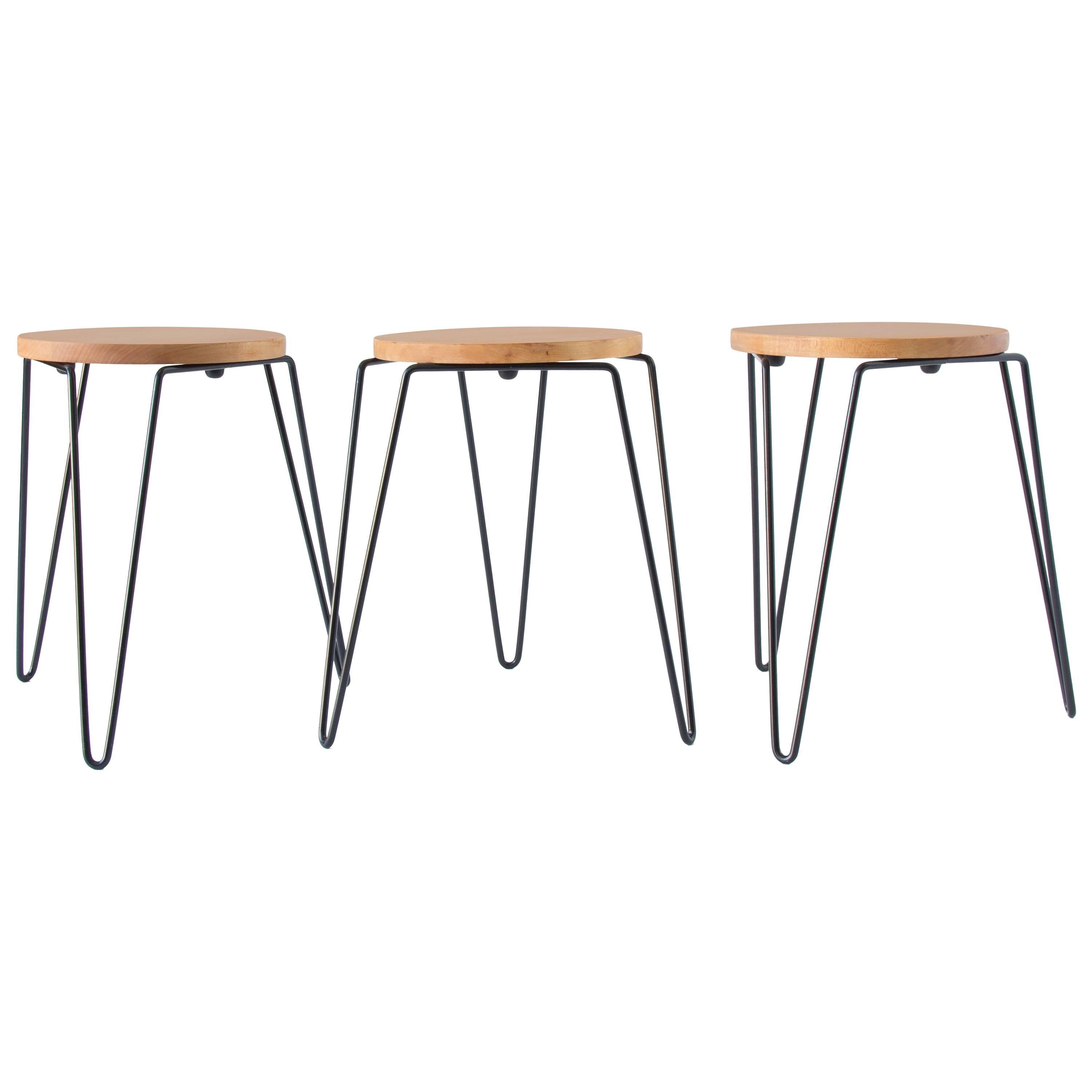 Three Knoll No. 75 Stools with Wrought Iron Legs