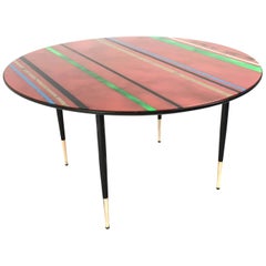 Retro Round Coffee Table with a Red Striped Glass Top, Italy