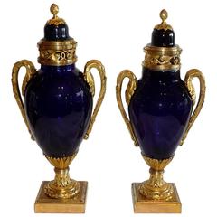 Pair of French Ormolu and Blue Glass Covered Vases, Le Creusot, 1780
