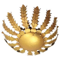 Giant Brutalist Gilt Iron Flower Burst Ceiling Light Fixture, Spain, 1960s