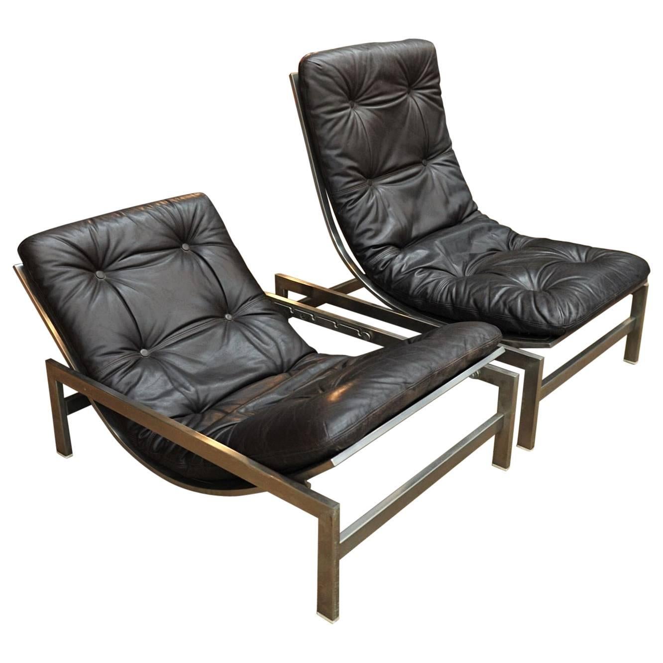Pair of Leather and Iron Lounge Chairs by Guy Lefevre, 1970s
