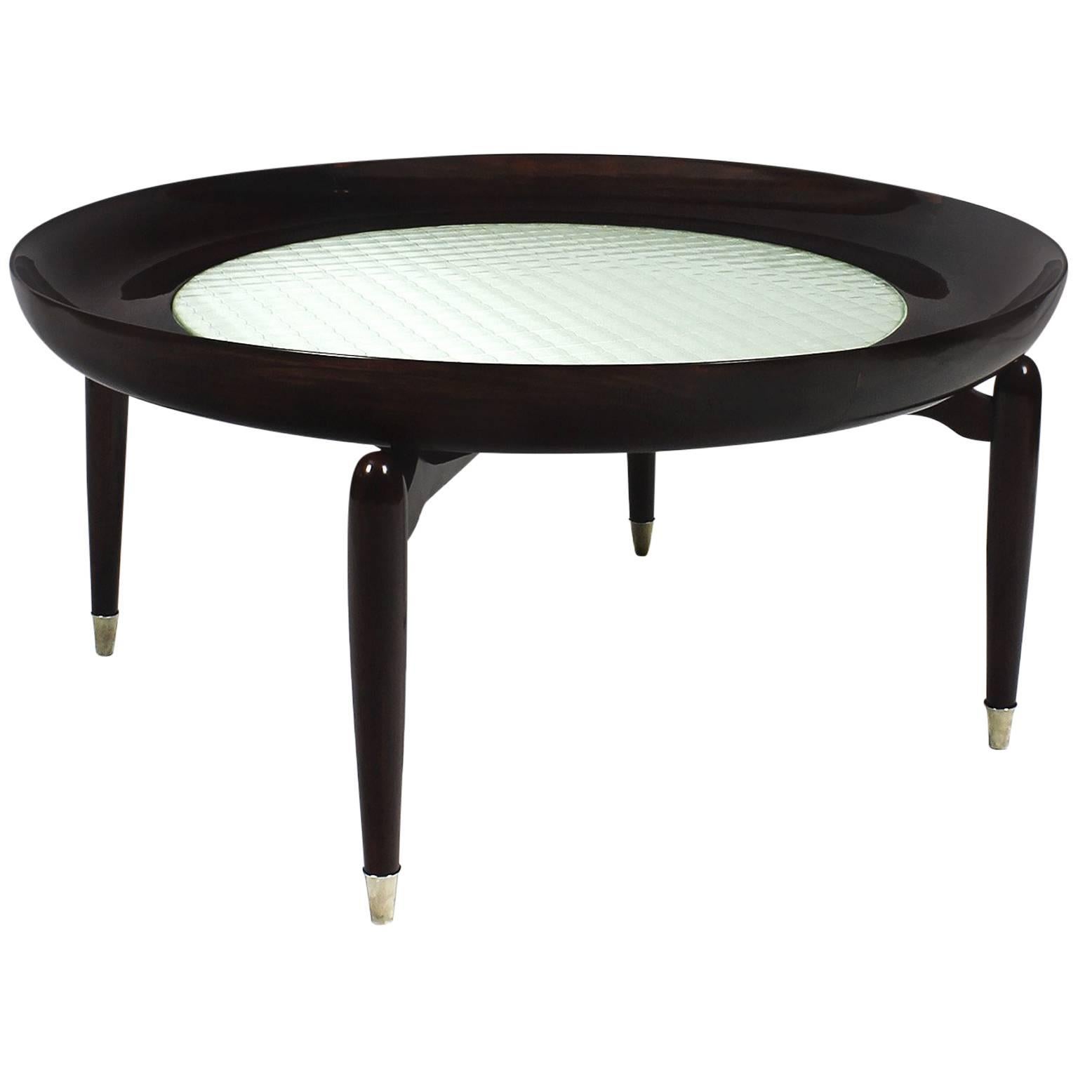 1945-1950 Round Coffee Table, solid mahogany, mirror, wire glass, brass - Italy 