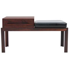 Rosewood Bench with Black Leather Cushion and Removable Box Drawer - Danish Mod