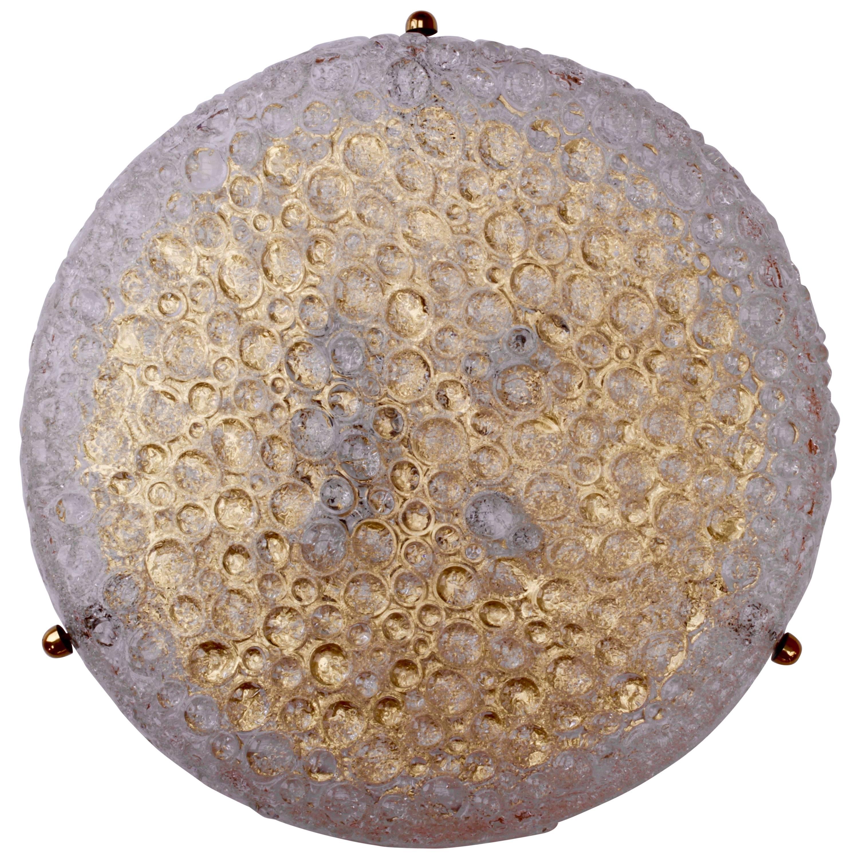 Huge 20" Textured Bubble Glass & Brass Flush Mount Light by Hillebrand, Germany