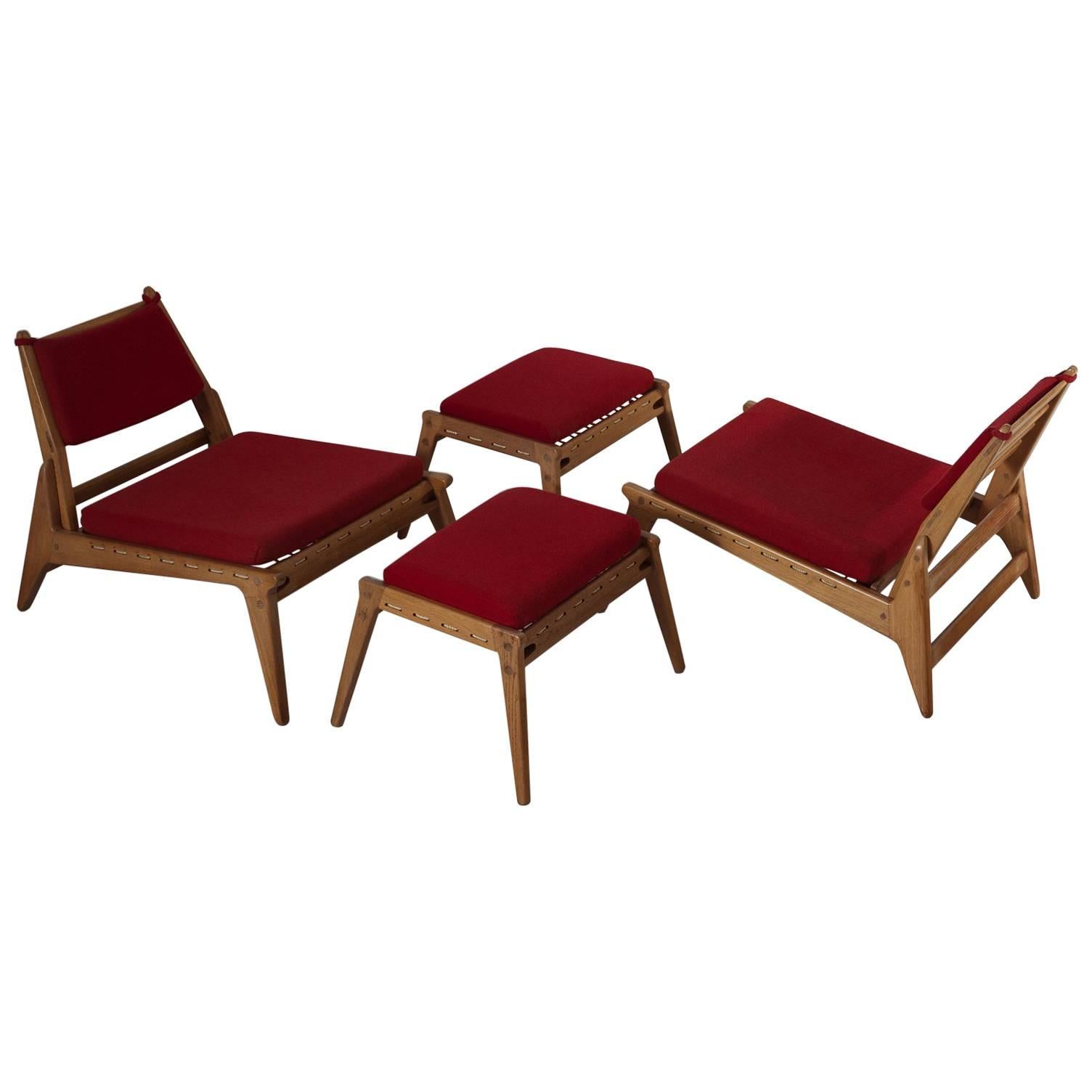 Pair of Mid-Century Easy Chairs in Oak and Red Fabric Upholstery
