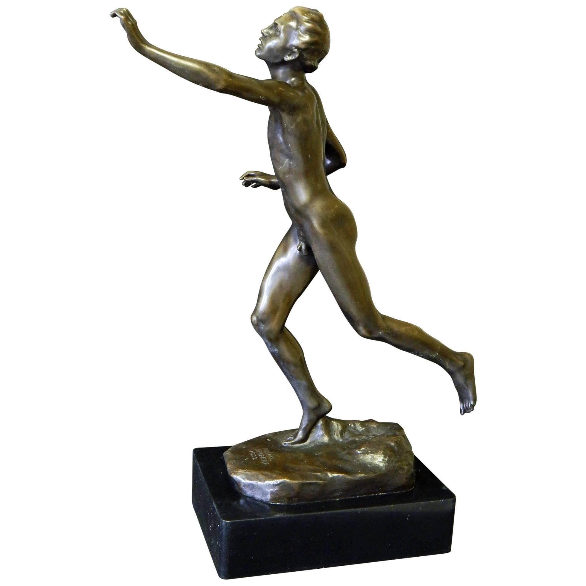 "Runner, " Large Rare Bronze of Nude Male Figure by Seifert, 1922 For Sale