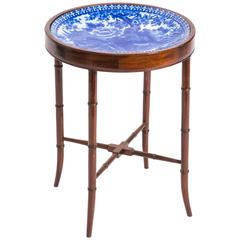 Vintage Chinese Mahogany Faux Bamboo Table with Flow Blue Plate
