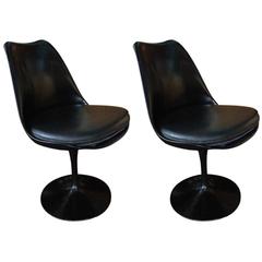 Pair of Eero Saarinen Knoll Tulip Chairs, Black Swivel Frame and Leather Seat