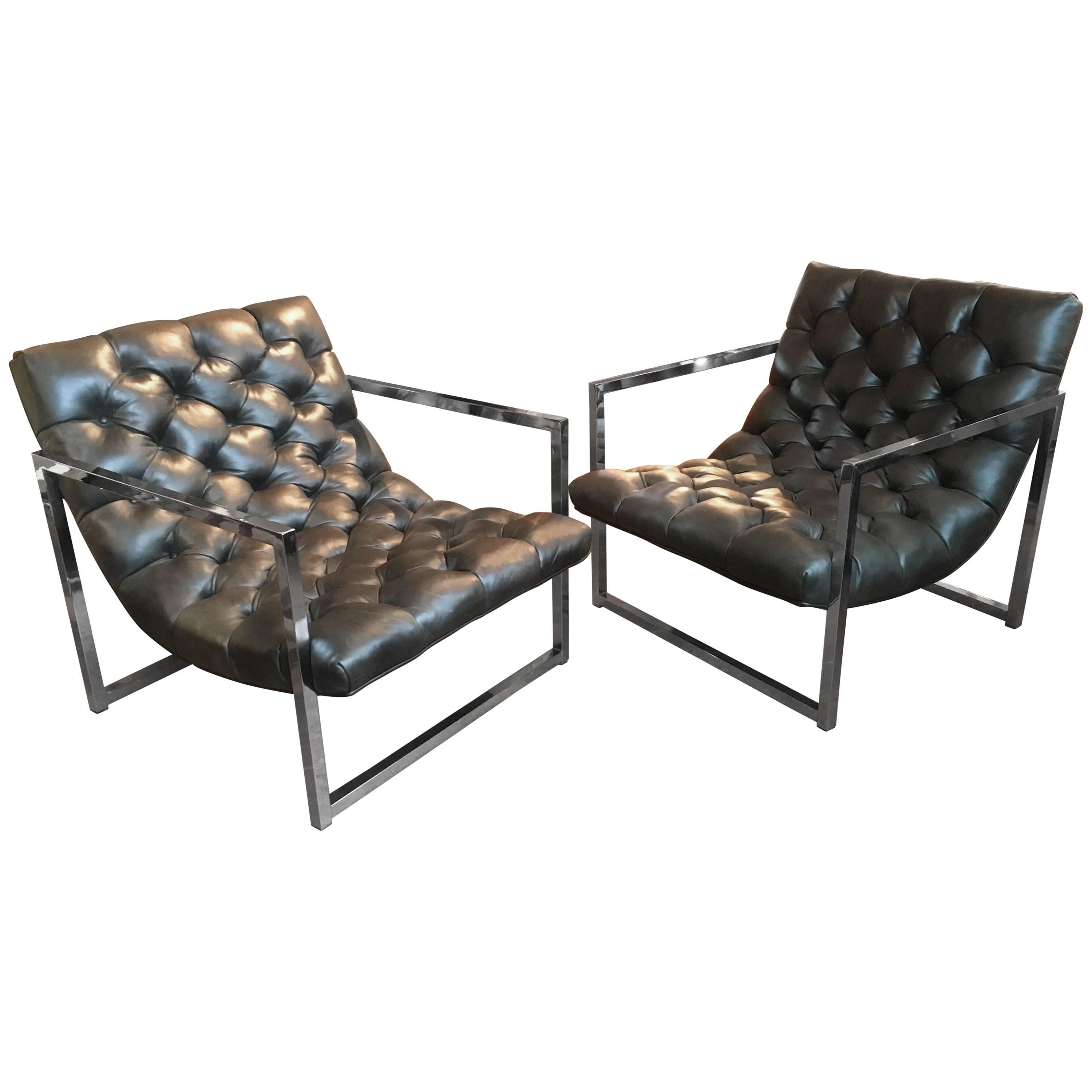 Pair of Chrome and Tufted Leather Lounge Chairs, Milo Baughman
