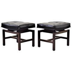 Pair of Walnut Jens Risom Benches in Leather