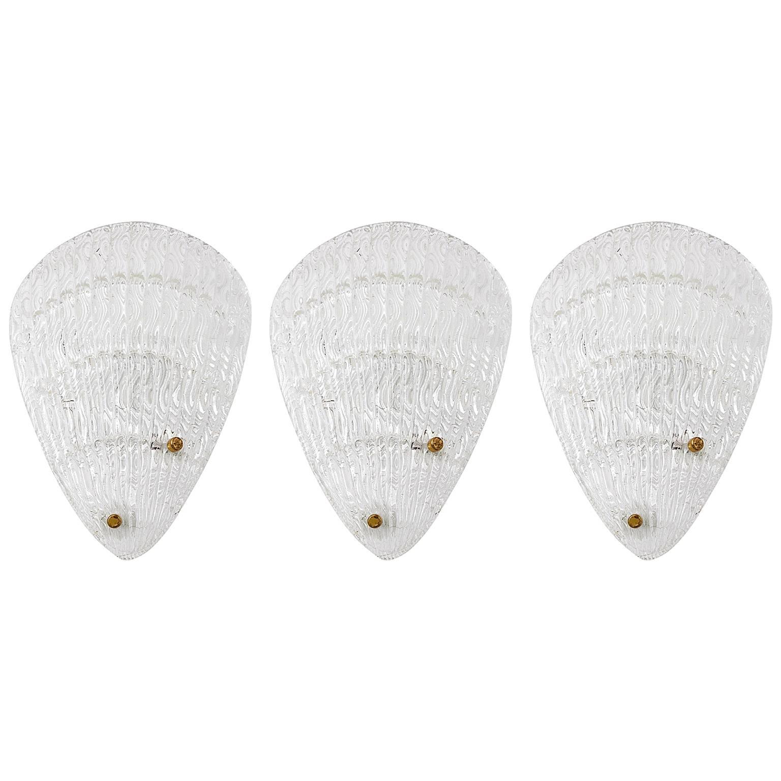 1 of 3 Shell Textured Glass Sconces Wall Lights by Rupert Nikoll, Vienna, 1950s For Sale