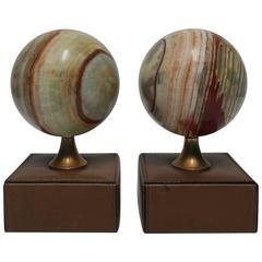 Pair Vintage Italian Modern Onyx, Brass and Leather Bookends, Italy, 1970s