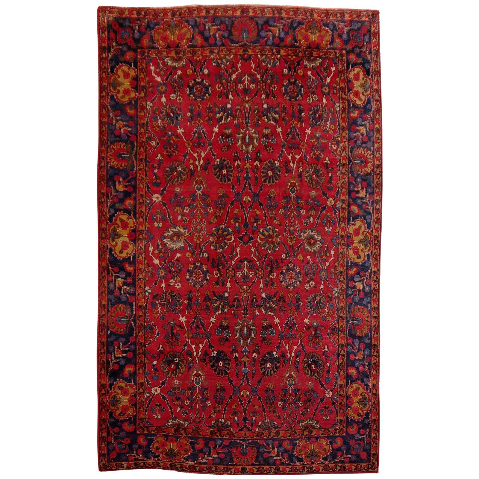 Tapis indien ancien Agra noué à la main, rouge, bleu et or