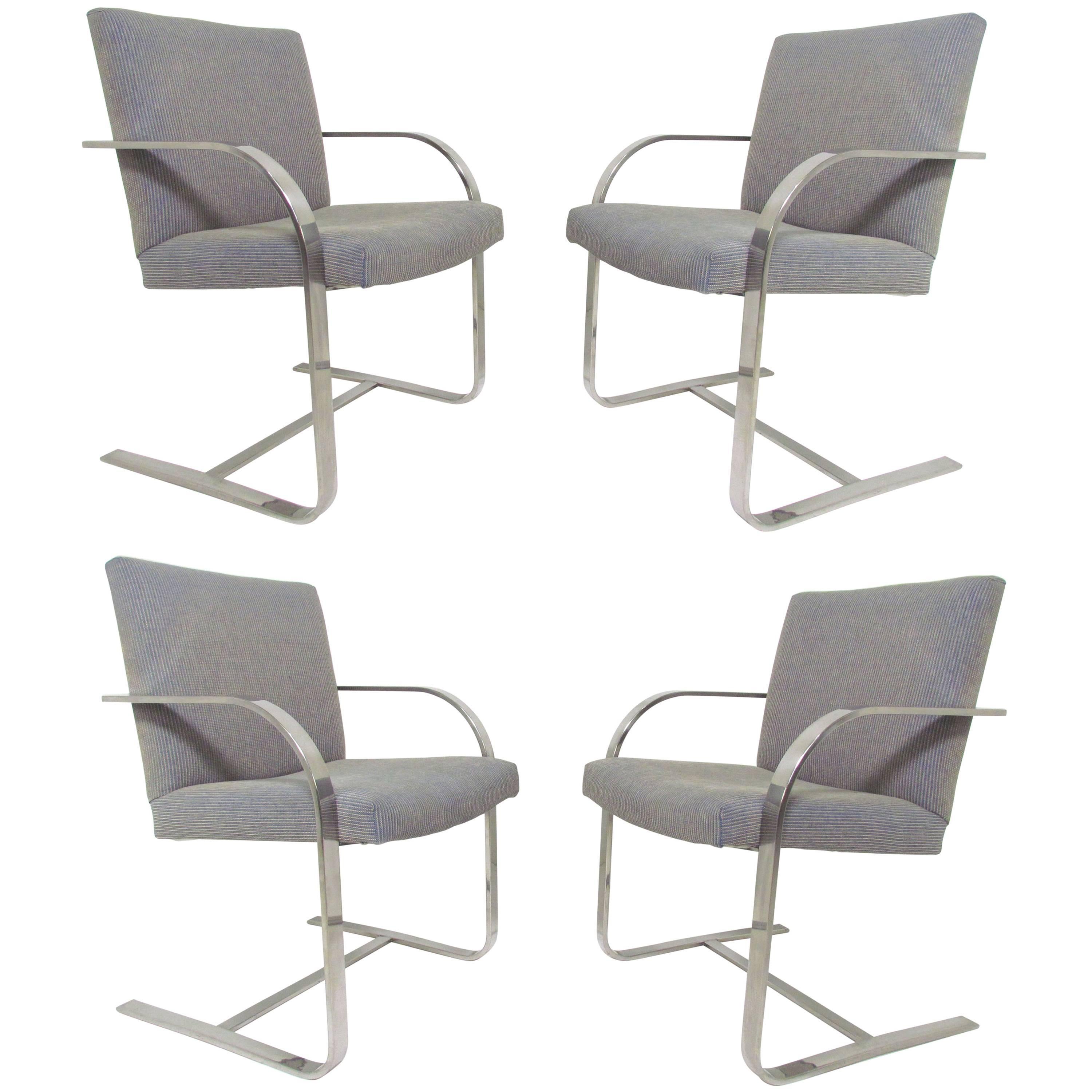 Set of Four Flat Bar Chrome Brno Chairs, Style of Mies Van Der Rohe