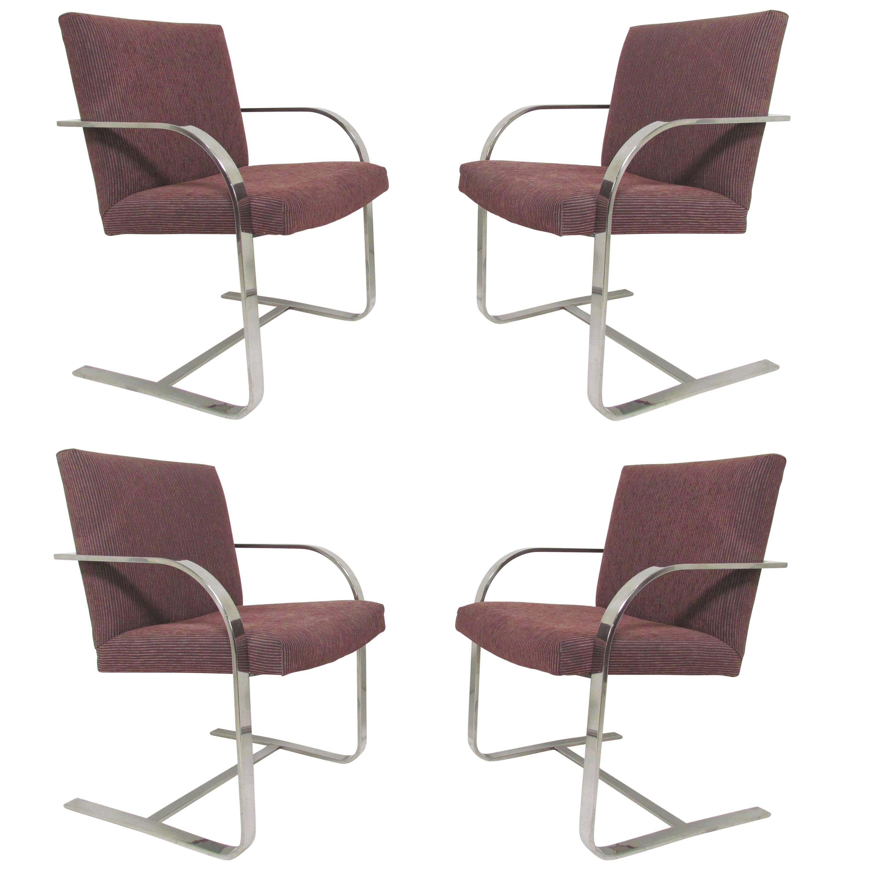 Set of Four Flat Bar Chrome Brno Chairs, Style of Mies Van Der Rohe