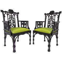 Pair of Chinese Chippendale Carved Fretwork Armchairs