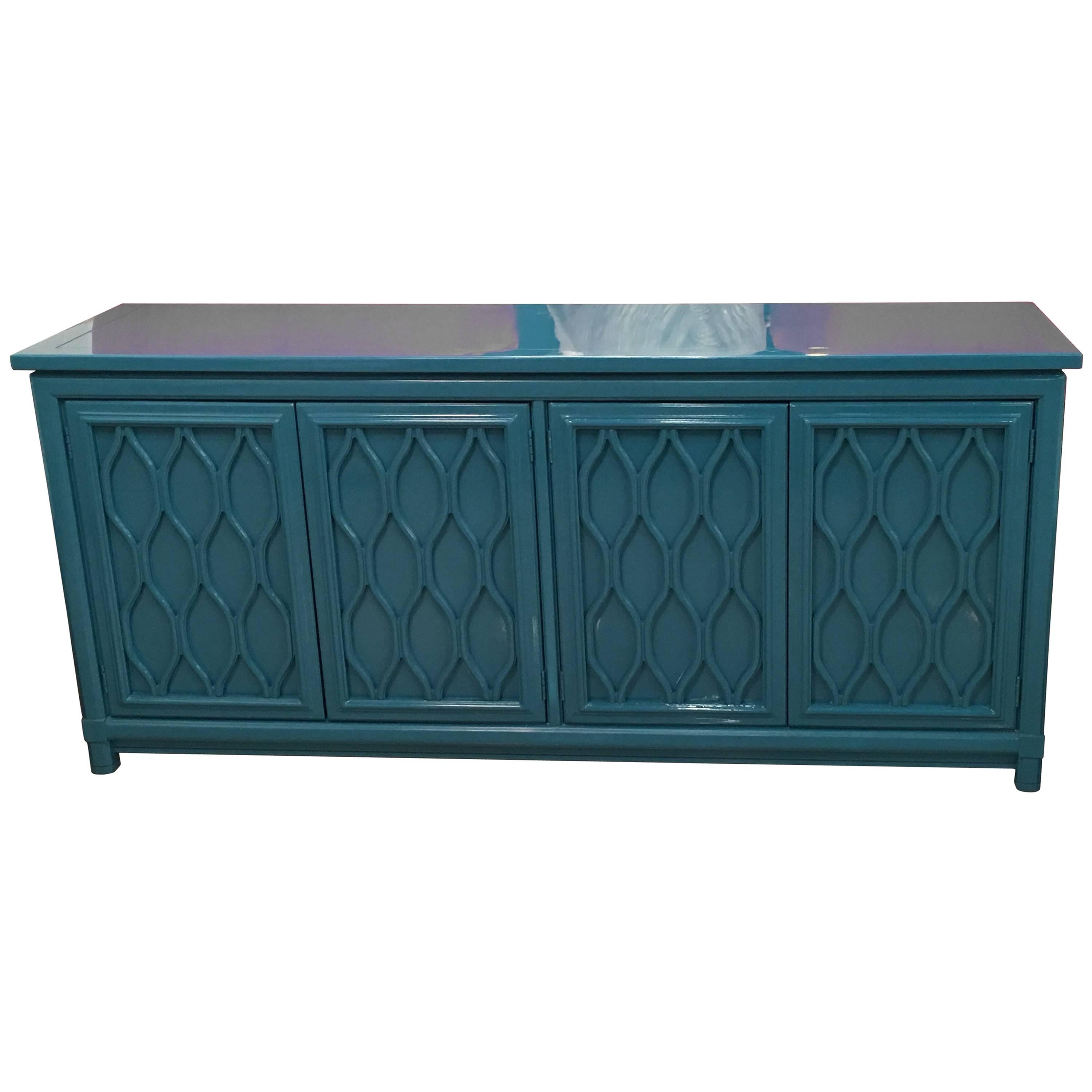Lacquered Credenza Buffet Sideboard Blue Teal Dresser Hollywood Regency Vintage 