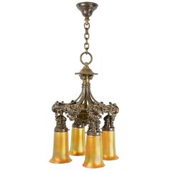 Early 20th Century Ornate Cast Brass Fixture with Oversized Quezal Shades 7