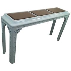 Console Table Lacquered Blue Vintage Fret Work Fretwork Chinese Chippendale 3