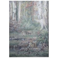 Henri Langerock Belgium Watercolor or a Prowling Lion in the Jungle