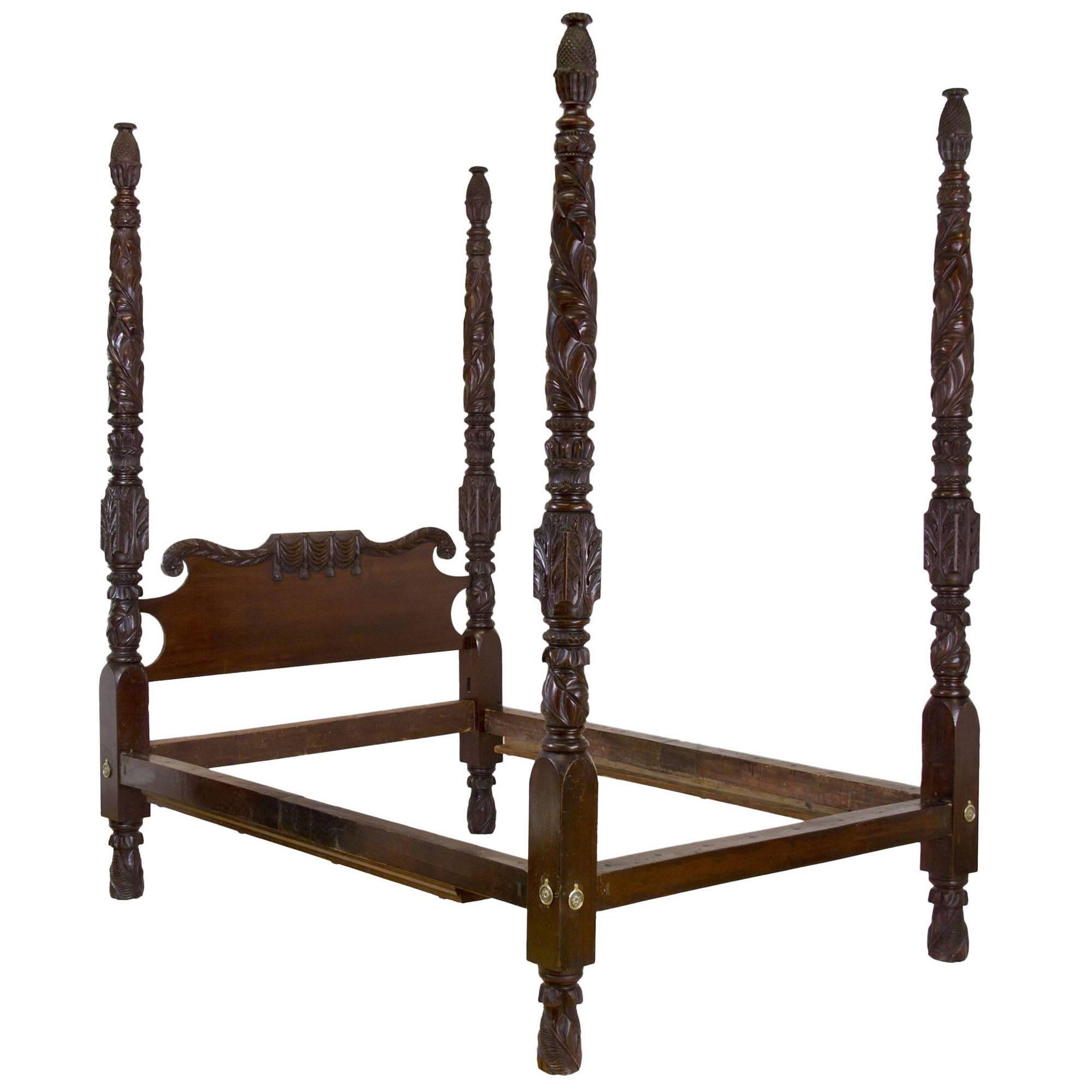 Highly Carved Classical Mahogany Four Poster Bed, Massachusetts, circa 1820