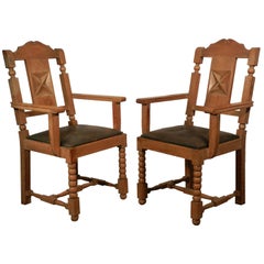 Vintage In the Style of Charles Dudouyt, two  Neo Rustique Oak Armchairs