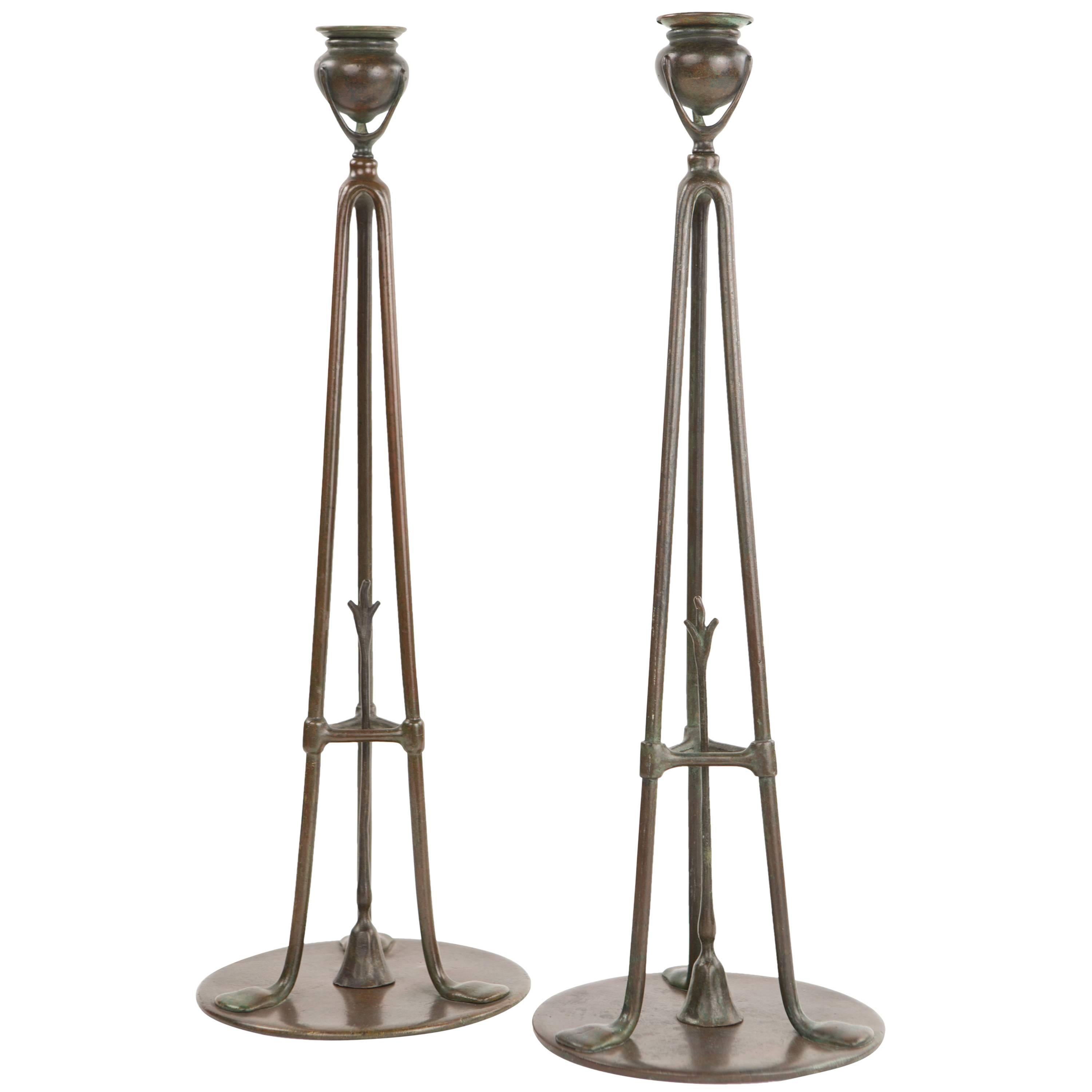 Pair of Art Nouveau Tiffany Studios Tripod Candlesticks
