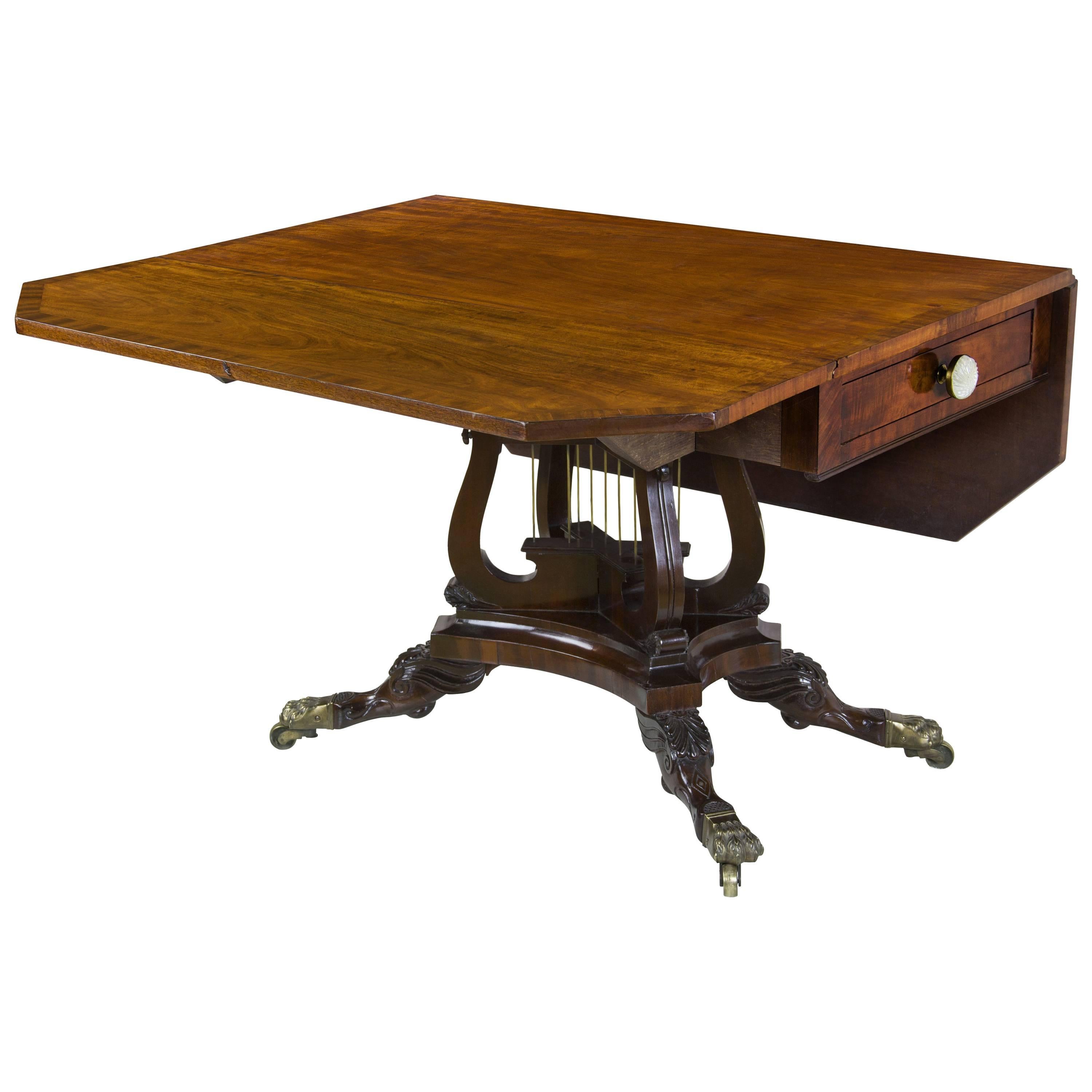 Mahogany Drop Leaf Table Crossed Lyres Attributed Joseph B. Barry, Phil. PA 1820 For Sale