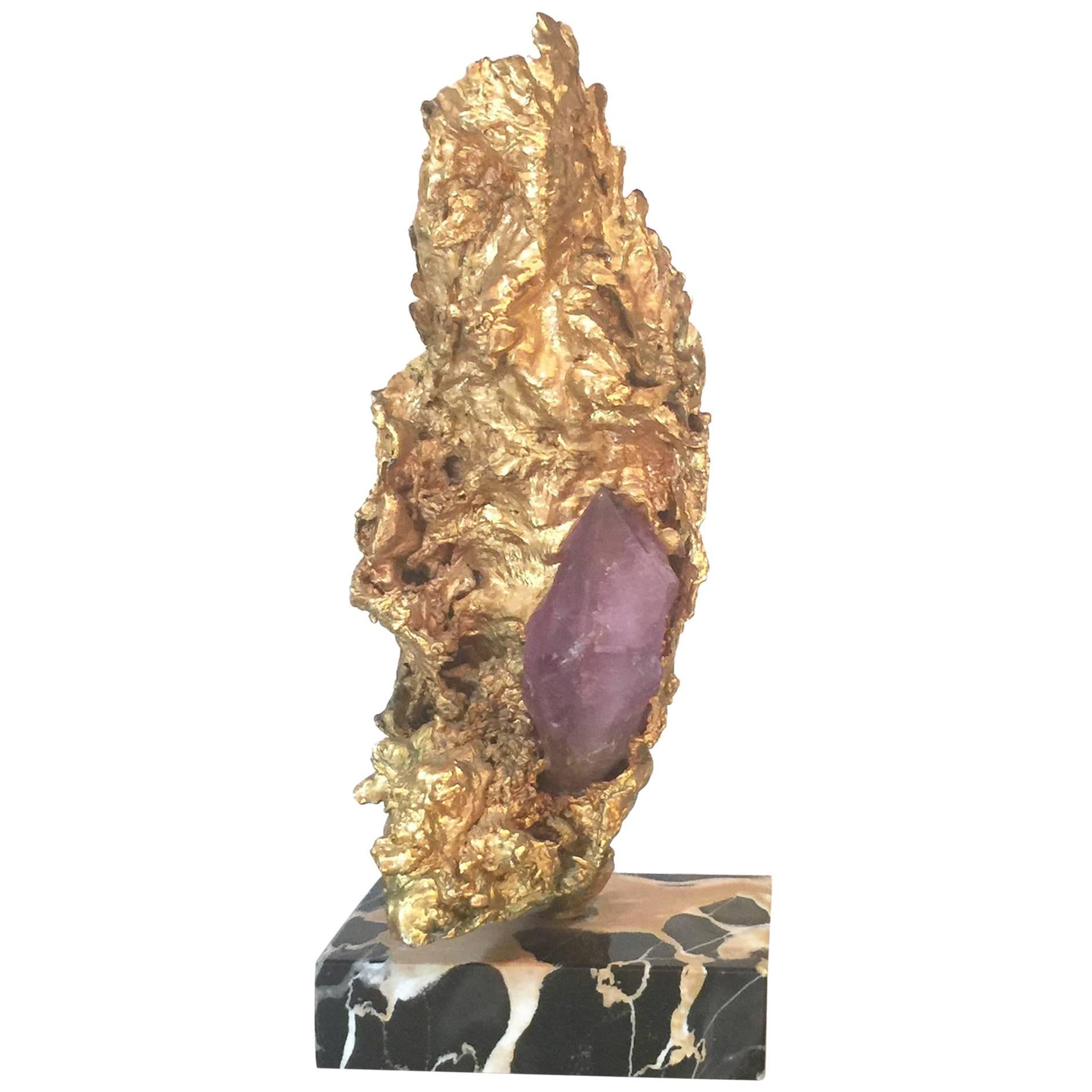 Gilt Metal and Amethyst Quartz Sculpture in Style of Jacques Duval Brasseur